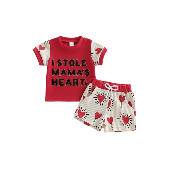 BemeyourBBs Valentines Day Baby Boys 2 Piece Outfits Toddler Baby Boy Summer Clothes Short Sleeve I Stole Mama's Heart Letter Embroidery Tops and Shorts Set