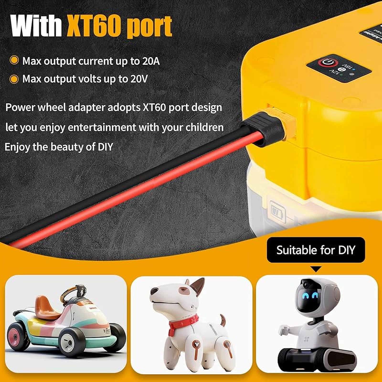 for Power Wheels Battery Adapter Compatible with Dewalt 20V Max Battery, 20V to 12V Step Down Power Converter with USB & Type C, XT60 Ports for RC Cars, DIY, Car Appliance (1 Pack)