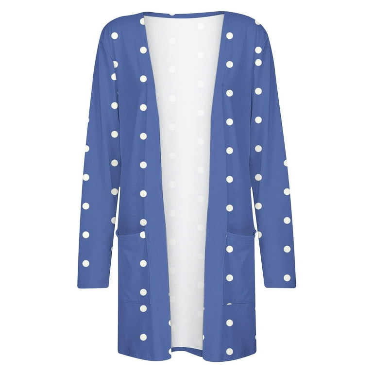 ZQGJB Long Sleeve Open Front Cardigans for Women Trendy Polka Dot Printed Fall Lightweight Thin Coat Outwear Tops Loose Comfy Pullvoer Sweaters with Pockets Blue M Walmart