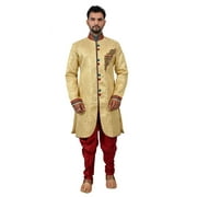 Golden Zari Brocade Silk Traditional Indian Wedding Indo-Western Sherwani for Men. This product is custom made to order.
