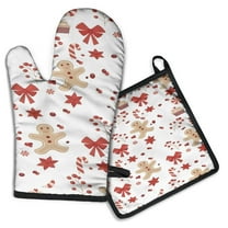 Red Christmas Gingerbread Man Pattern Kitchen Oven Mitt and Pot Holder Sets 2 Pcs for Baking, Cooking and Grilling, Heat Resistant Up To 392 °F