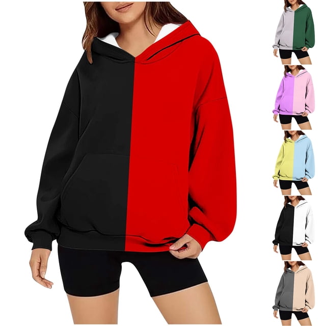 Sentmoon Hoodie for Women Long Sleeve Loose Oversized Women Clothes Color Block with Pocket Drawstring Stretchy Womens Fall Outfits Winter Stylish for Party L