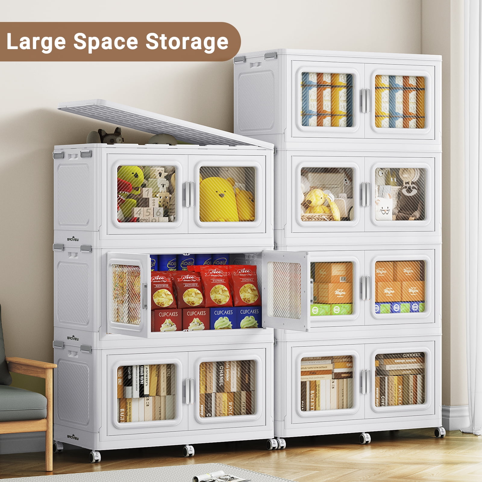 1200Qt Extra Large Stackable Storage Bins with Lid, 300Gal Collapsible Closet Organizer and Storage Drawers with Wheels, Plastic Storage Box, 4Packs, White