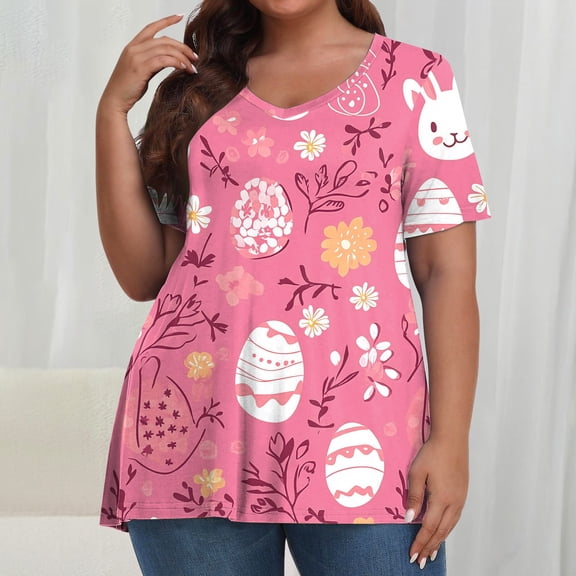 Hfnxid Women Plus Size Easter Top Floral Bunny Graphic T-Shirts Fashion Loose Fit Short Sleeve Shirt Holiday Beach Vacation Casual Tops Multicolor XXL