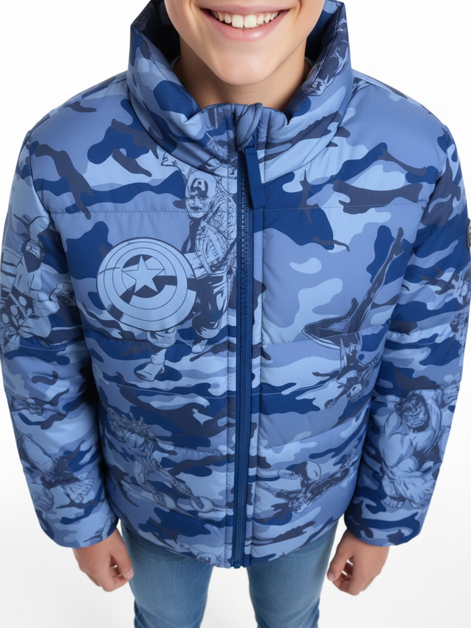 Boys’ Avengers Camo Print Puffer Jacket, Light Blue, Sizes XS–XL