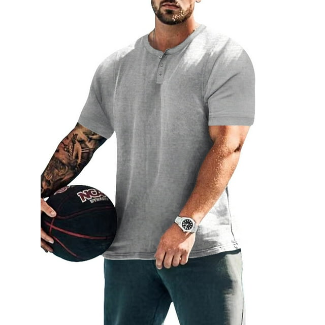 Bellella Mens Summer Tops Crew Neck Henley Shirts Short Sleeve T-shirt Slim Fit Solid Color Blouse Men Basic Tee Light Gray 5XL