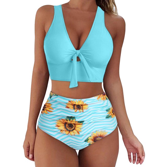 ICHUANYI Clearance Women Sunflower Print Bikini Set Push Up Bathing Swimwear High Waist Swimsuit(Blue, XL) Ichuanyi Ichuanyi