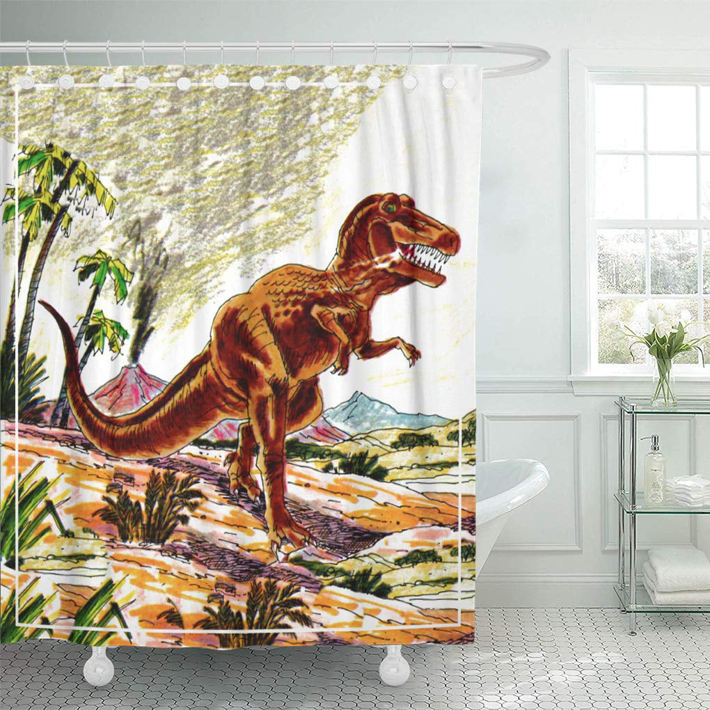 Cartoon Dinosaurs in the Jungle Illustration T-rex Kids Decor Shower Curtain Set 