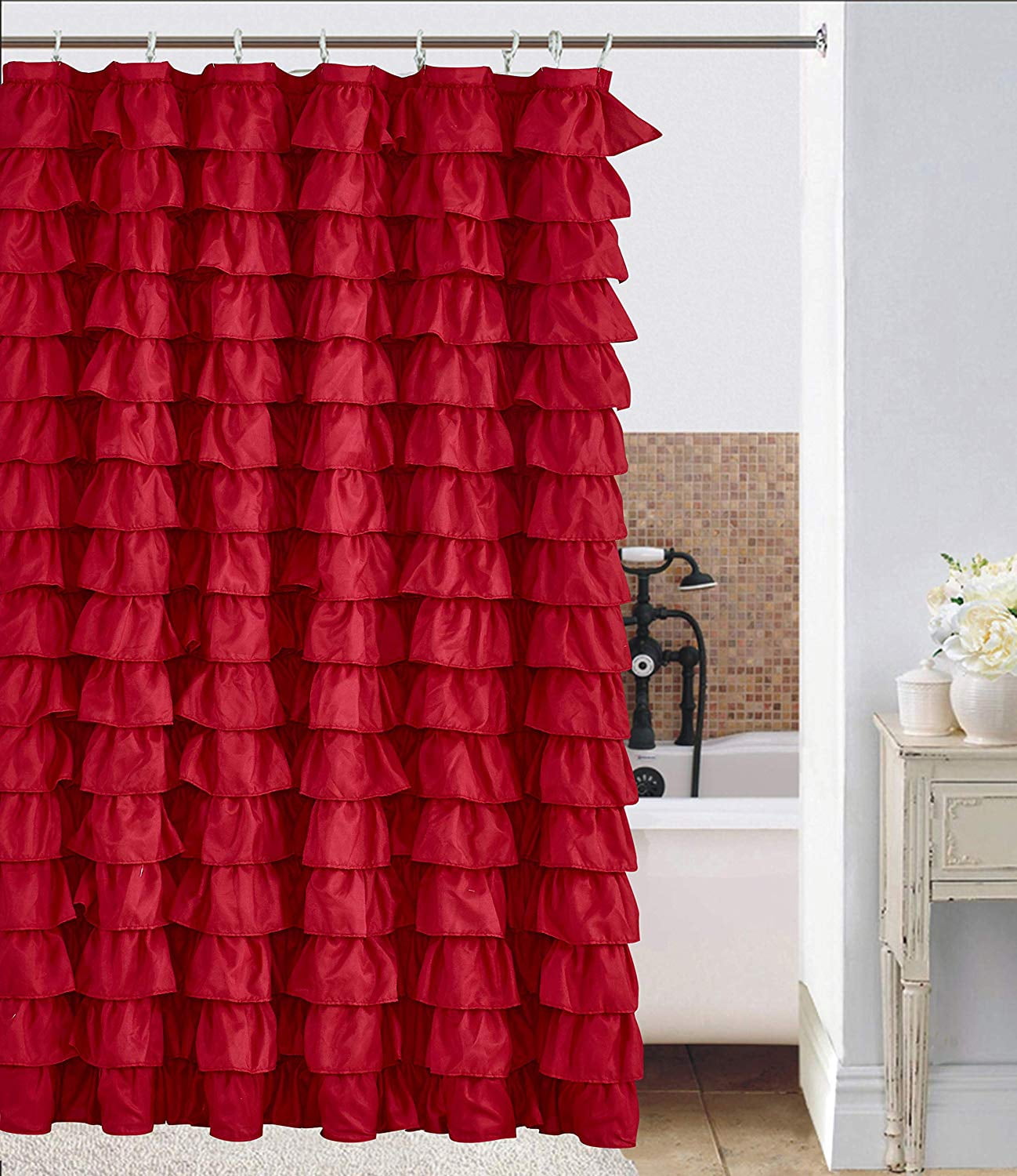 Waterfall Ruffled Fabric Shower Curtain red