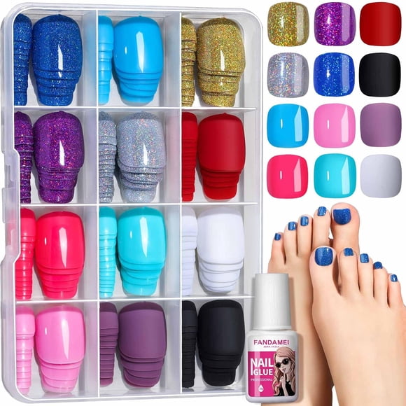 Press on Toenails, 12 Colors 288PCS Press on Toe Nails Short Square, 4 Glitter Toenails Full Cover, 4 Glossy False Nails for Feet for Summer Nail Art