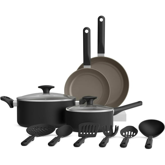 Bella 12 Piece Cookware Set with EverGood™ Ceramic Nonstick Coating​, Dishwasher & Oven Safe, All Stovetops Compatible, Tempered Glass Lids and Cool Touch Handles, Black