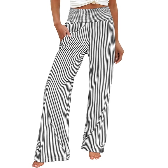 Lmueinov Palazzo Pants for Women Striped High Waisted Wide Leg Casual Pants Loose Fit Elastic Waist Lightweight Long Lounge Pants for Daily Summer Fall