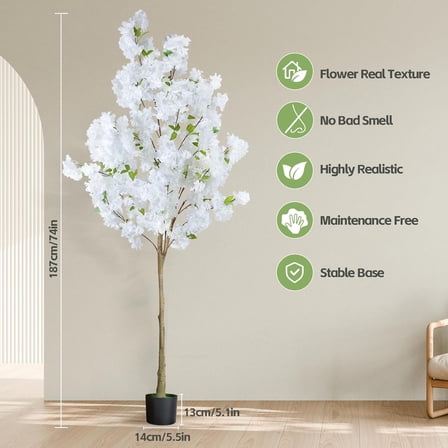 6Ft Tall White Artificial Cherry  Tree, Faux Tree with Plastic Nursery Pot,Fake Plants Artificial Plants for Home Office Indoor Decor(White)