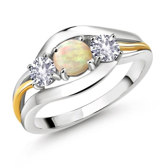 Gem Stone King 925 Sterling Silver and 10K Yellow Gold Round Cabochon White Ethiopian Opal and White Created Sapphire 3 Stone Ring for Women (0.80 Cttw, Size 6)