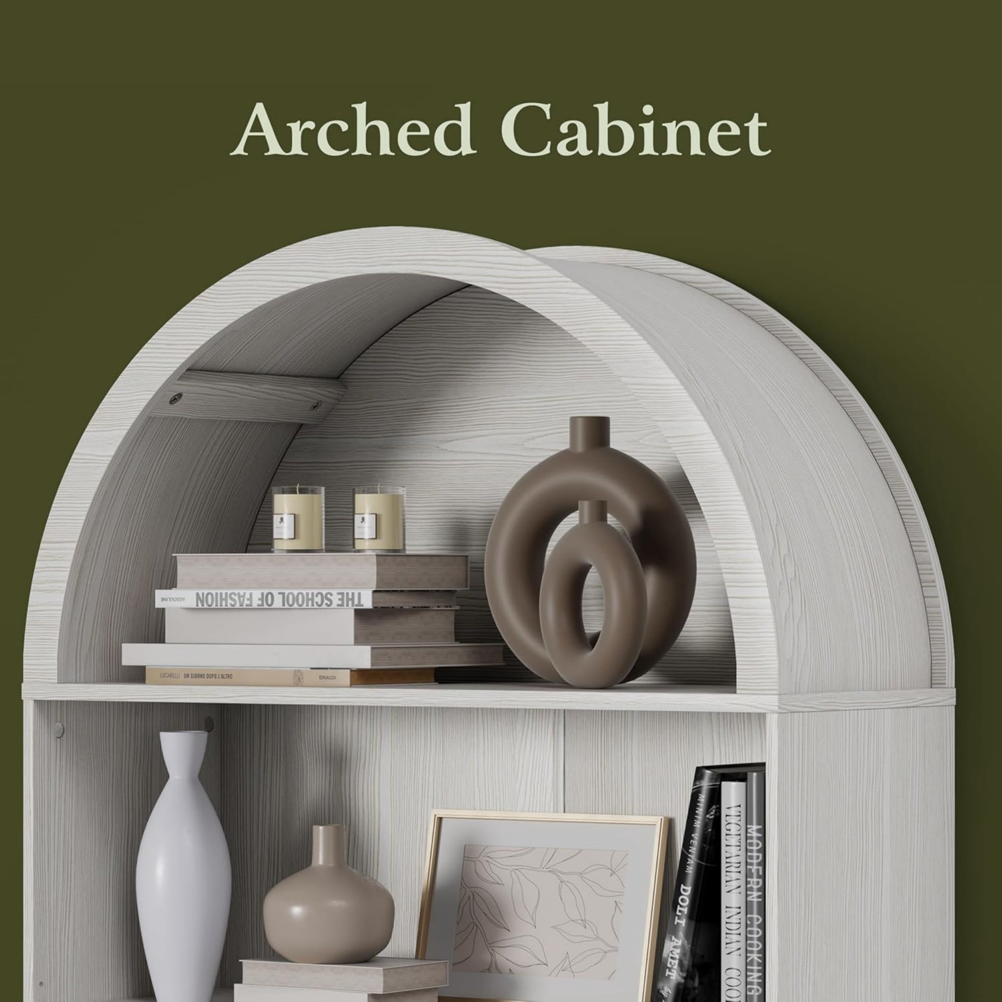 71" Tall Arched Bookshelf, 5 Tier Modern Farmhouse Bookcase with Sliding Doors & Adjustable Shelves, Wood Display Cabinet, White