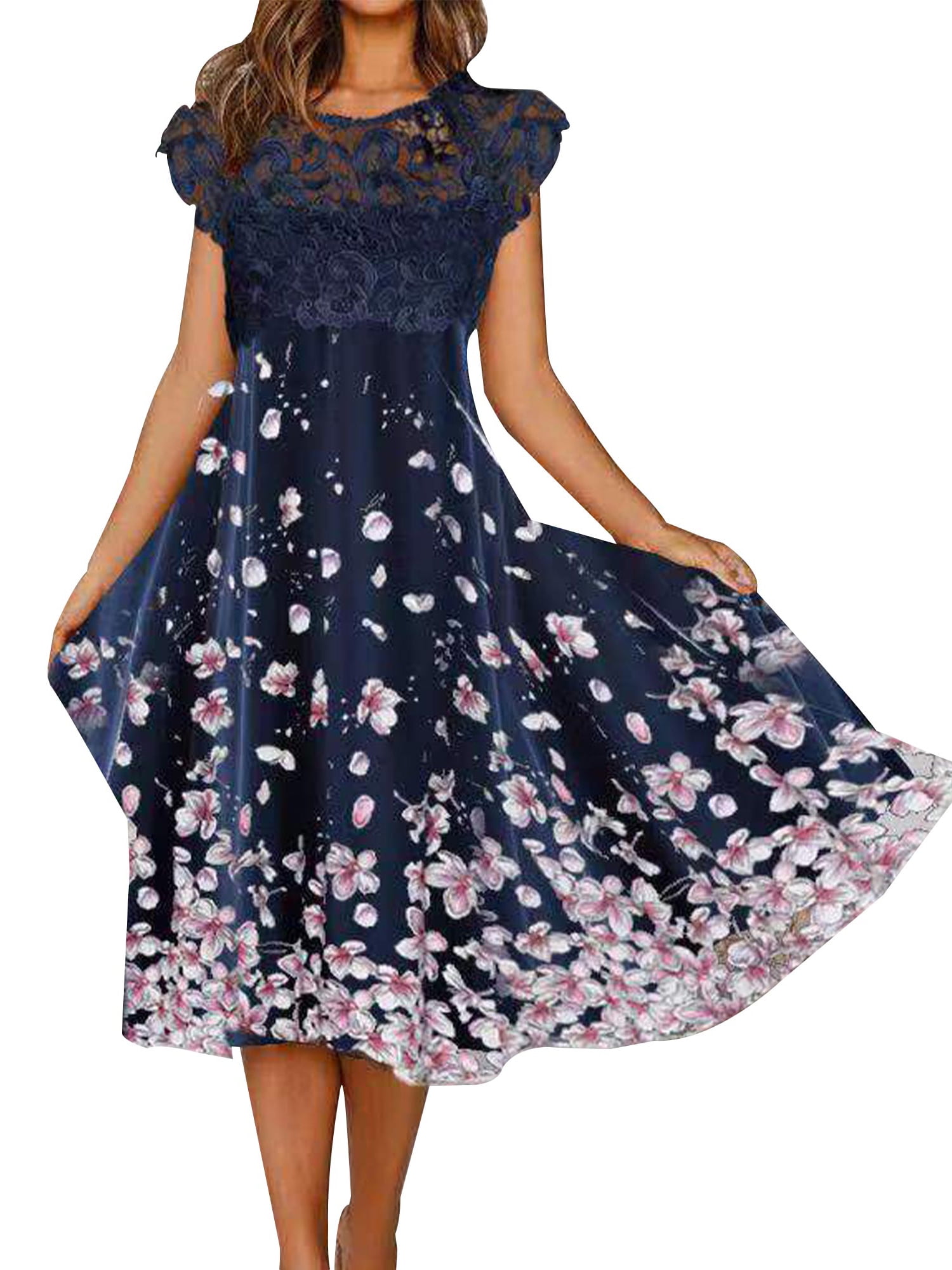 Julycc Womens Short Sleeve Floral Maxi Dress Vintage Swing Dress ...