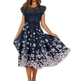 thumbnail image 1 of WISEFIN Women's Casual Floral Print Round Short Sleeve Lace Fit & Flare Dresses Size S-3XL, 1 of 5