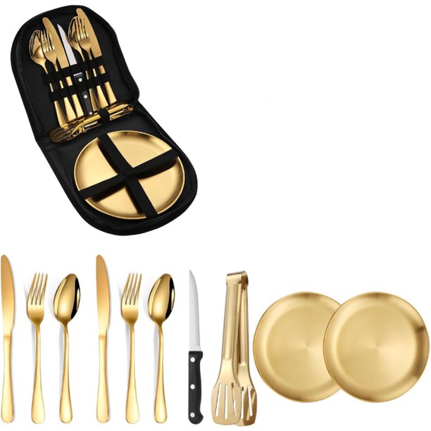 Juego de cubiertos de acero inoxidable para exteriores, juego de cubiertos para acampar, barbacoa, cuchillo, tenedor y cuchara, juego de cubiertos portátiles de viaje en caja de regalo