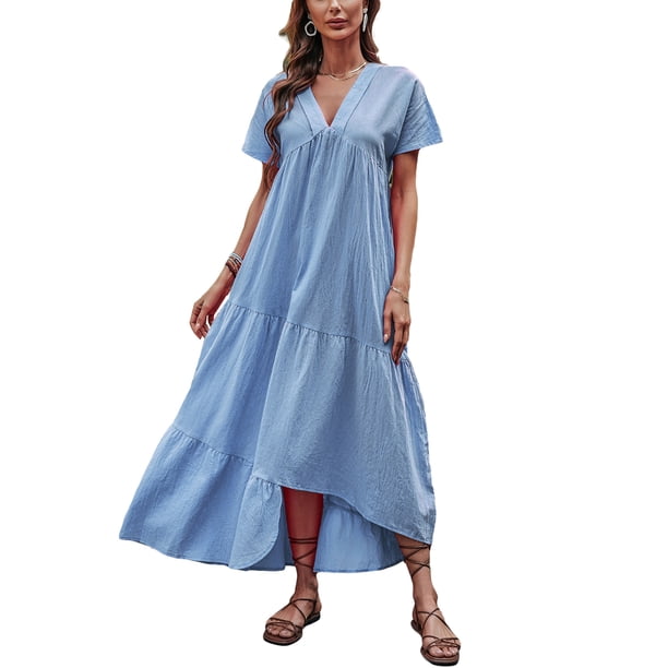 SAYOO , vestido suelto de manga corta para mujer, Color sólido, cuello en V, dobladillo Irregular, elegante vestido de fiesta de playa de verano, ropa de calle de vacaciones SAYOO Casual