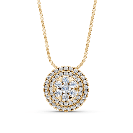 KEEVA JEWELS 0.80 Carat E-F/VVS-VS Round Moissanite Floral Cluster With Double Halo Pendant Necklace for Women,18-Inch Chain Made in Yellow Gold Plated Silver.