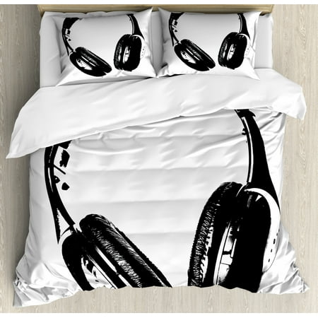 Music Duvet Cover Set, Grunge Headphones Realistic Illustration with Vintage Effect Lifestyle Youth Fun, Decorative Bedding Set with Pillow Shams, Black Pale Grey, by Ambesonne