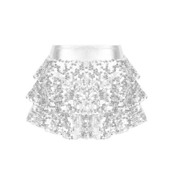 iiniim Kids Girls Sequin Skirt Elastic Waist 3-Layers Ruffle Dance Skorts Party Scooter Skirt Size 4-16 Silver 12