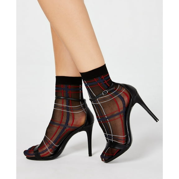 INC International Concepts Women’s Sheer Plaid Anklet Socks, Black, 9-11