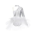 thumbnail image 2 of YEAHDOR Kids Girls Asymmetrical Shoulder Ballet Leotard Sparkly Sequins Long Sleeve Tulle Ballet Tutus Dance Competition Leotard Silver 12, 2 of 5