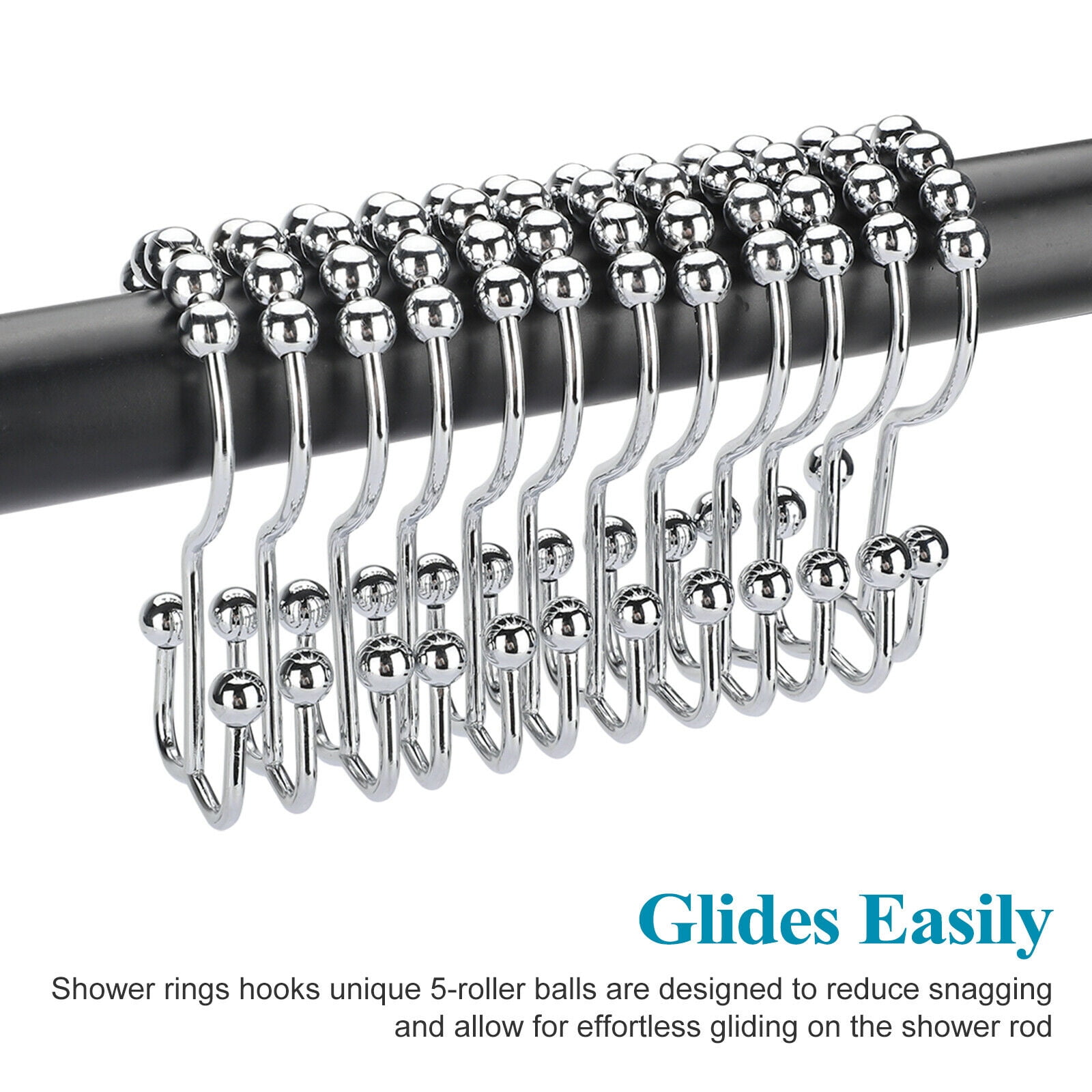 12 PCS Stainless Steel Double Glide Roller Shower Curtain Ring Hook Bathroom Rod 