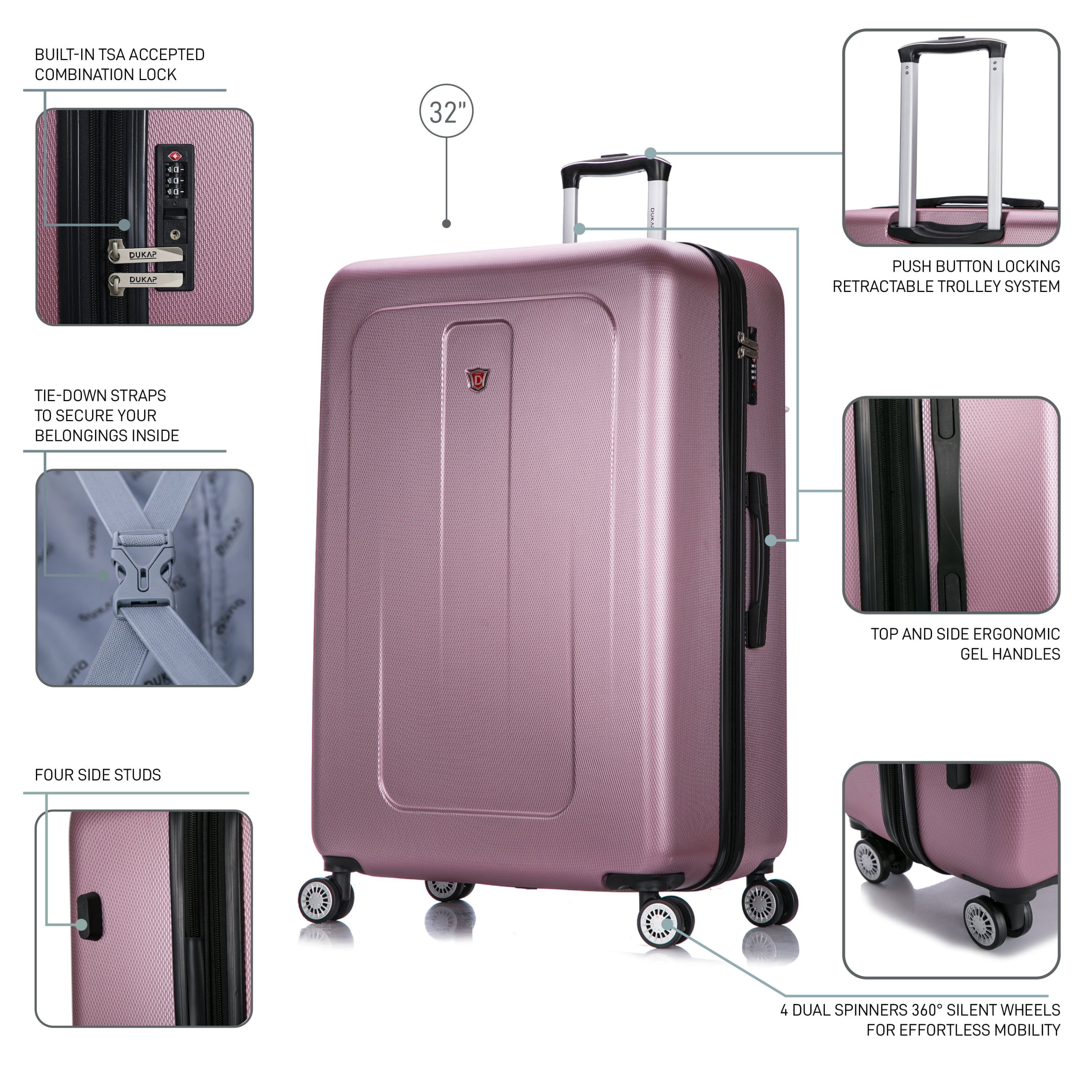 DUKAP Crypto 32" Hardside Lightweight Luggage with Spinner Wheels, Handle and Trolley, Rose Gold