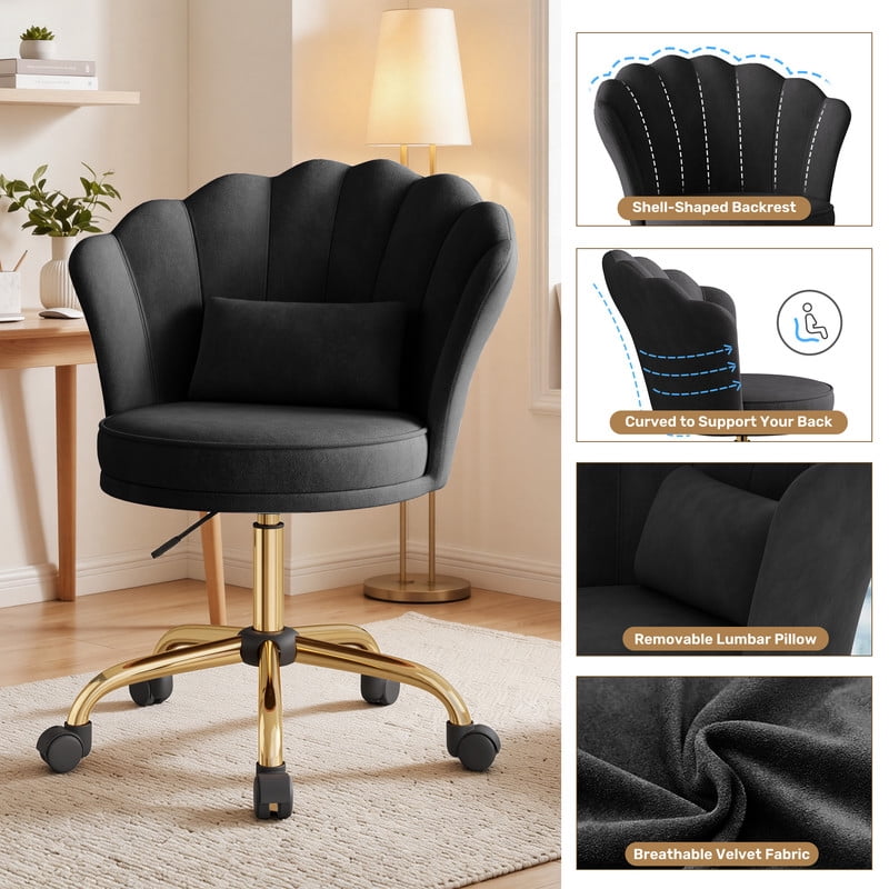 Hawsaiy Shell Back Home Office Chair with Lumbar Pillow, Modern Upholstered Desk Chair with Gold Metal Base, Swivel Adjustable Computer Chair for Home Office, Black