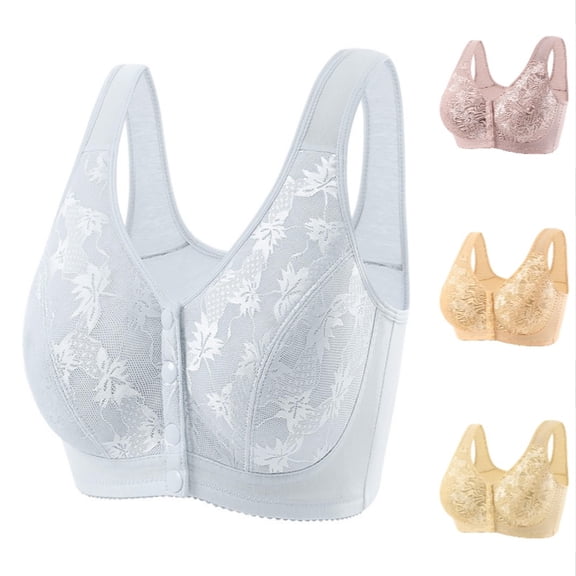 Xijirk Women Button‑fasten Front‑closure Bra with Wide Vest‑style Shoulder Loops Floral Lace Outer Layer Soft Wireless Build for Daily Outfit,Light Gray,46