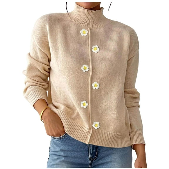Womens Sweaters Sevevn Women's Casual Solid Color Flower Sweater Mock Neck Fashion Long Sleeved Pullover Top