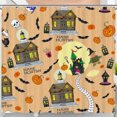 thumbnail image 1 of Whimsical Halloween Shower Curtain with Cartoon Houses, Bats & Witch, 1 of 5