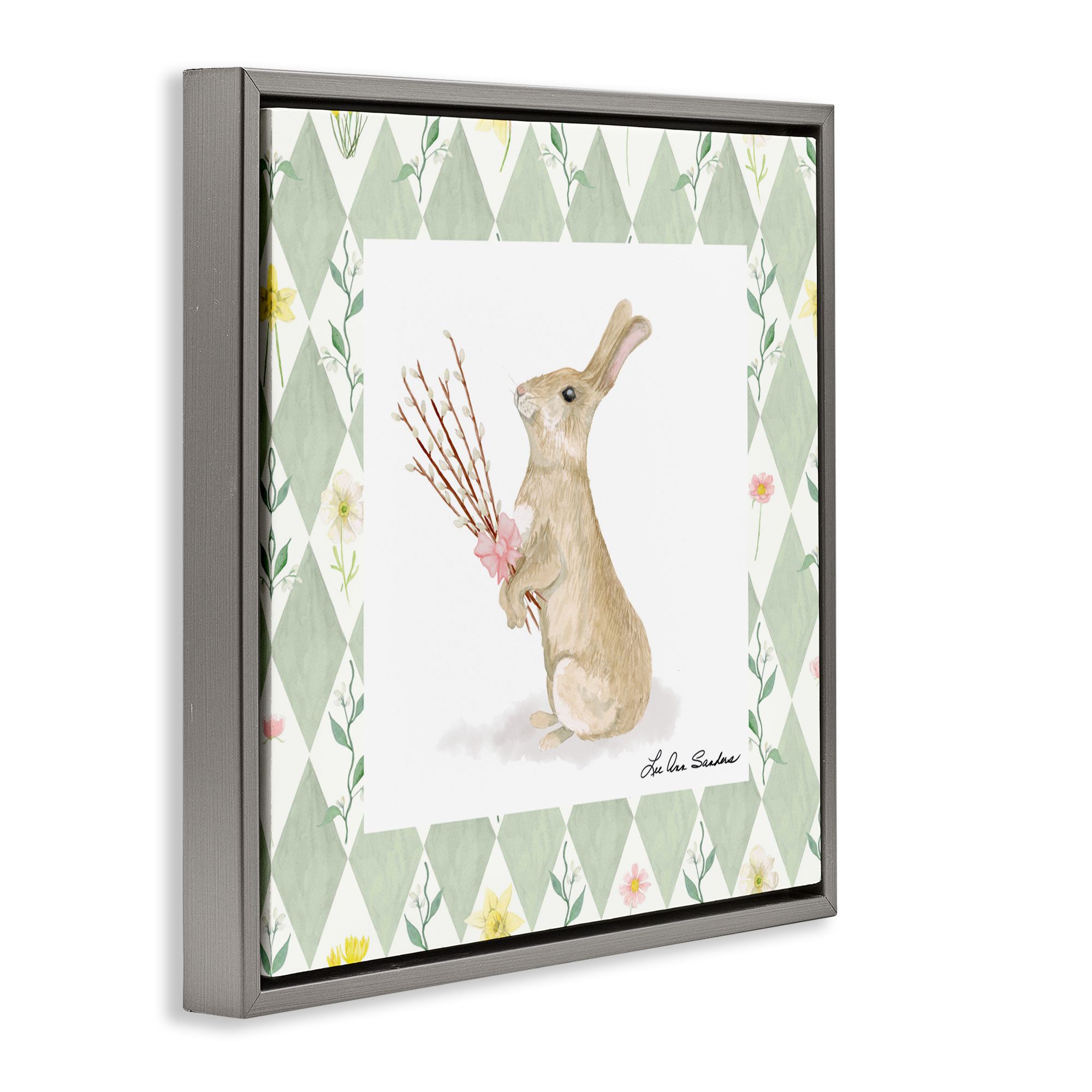 Bouquet Bunny on Green Argyle Gray Framed Floater Canvas Wall Art, design by Lee Ann Sanders