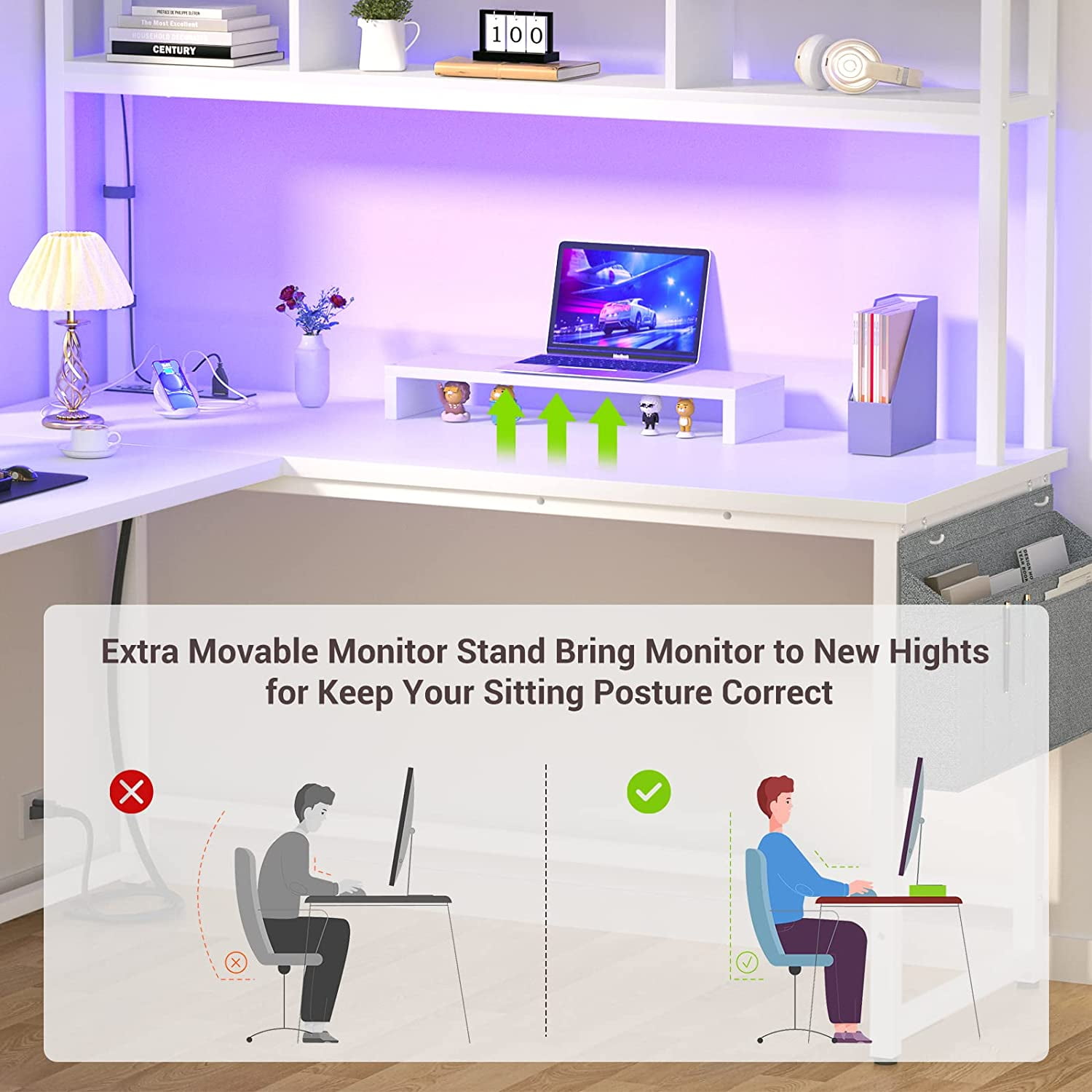 Homieasy L Shaped Desk with Power Outlet, LED Strip, Storage Shelf, Monitor Stand and Hutch, White