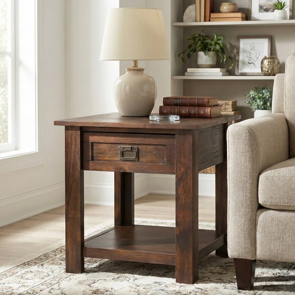 Simpli Home Monroe End Table in Distressed Charcoal Brown