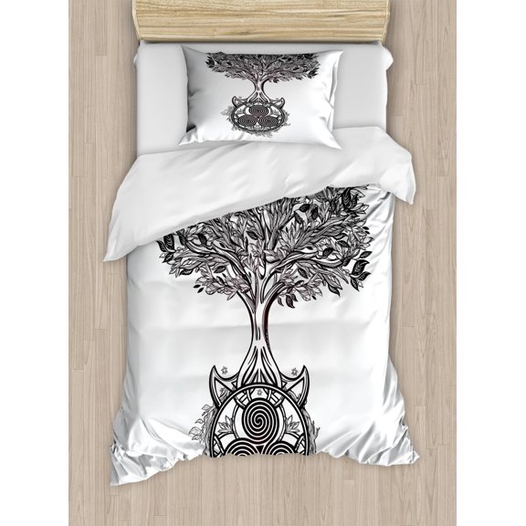 Celtic Twin Size Duvet Cover Set, Hand-Drawn Tree of Life and Triskelion Symbol at Roots for Spirituality in Cult, Decorative 2 Piece Bedding Set with 1 Pillow Sham, Black and White, by Ambesonne