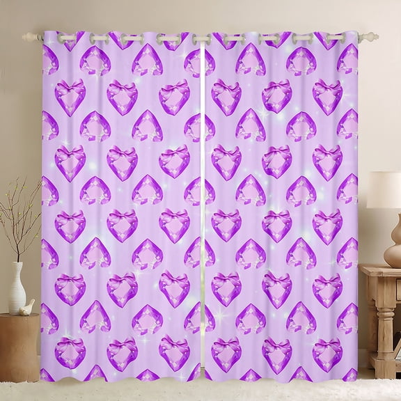 Homewish 3D Loves Diamind Black Out Curtains,Kawaii Bowtie Bowknot Curtains Pack of 2 (42x63 Each),Purple Bow Tie Bedroom Curtains For Girls Kids,Super Cozy Room Decor