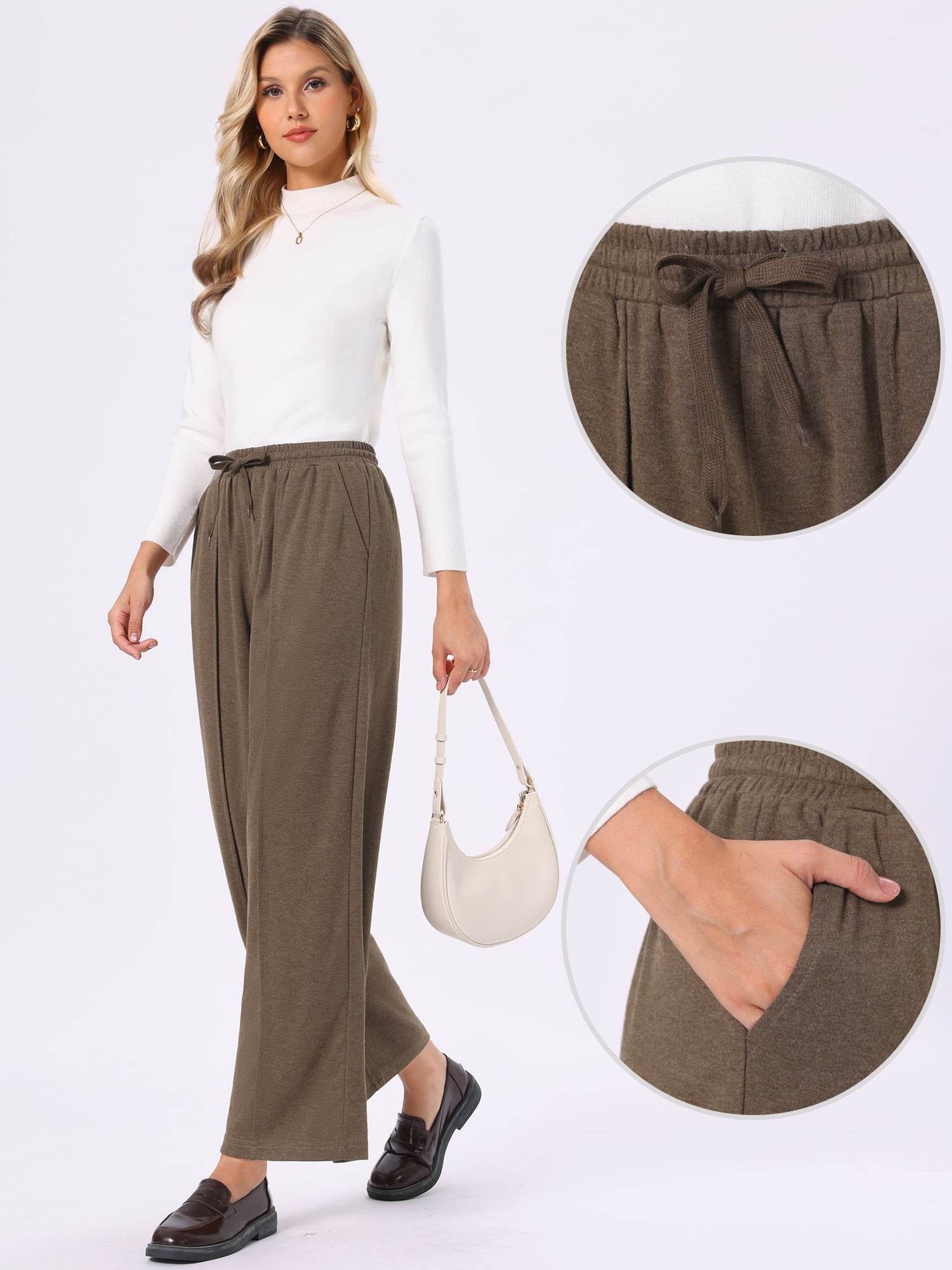 DARING DIVA Women's Wide Leg Pants Drawstring Waist Pockets Trousers XL Coffee