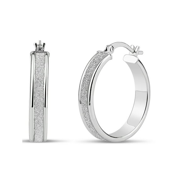 Sterling Silver Rhodium-Plated 25mm x 4mm Glitter Hoop Earrings