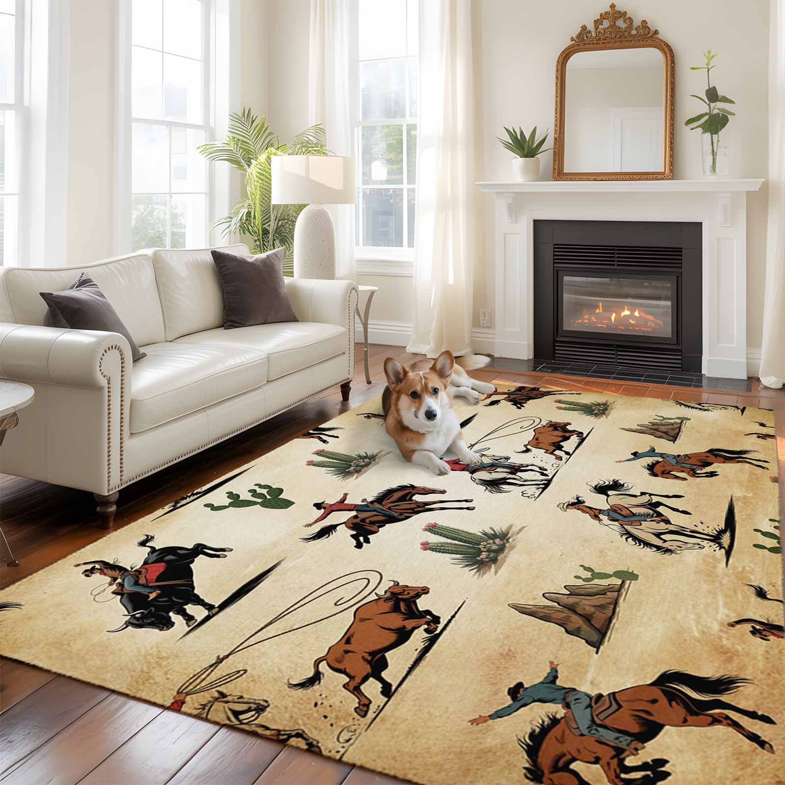 Large Area Rugs for Living Room Bedroom, Western Cowboys 5'x8' Rug Washable Carpet Runner Indoor Outdoor, Brown Vintage Country Cactus Non Slip Floor Mats Rug for Kitchen, Bathroom