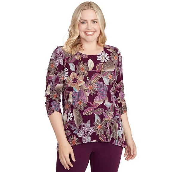 Alfred Dunner Womens Batik Floral Melange Printed Top