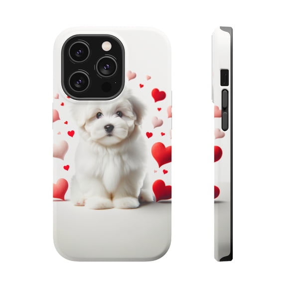DistinctInk Tough Case for Apple iPhone 15 PRO (6.1" Screen), Compatible with MagSafe Charging - Valentine's Day Coton de Tulear Puppy