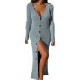 thumbnail image 2 of Robe Chandail Longue en Tricot à Col en V Profond pour Femmes avec Boutons, Manches Longues, Robe Maxi, 2 of 6