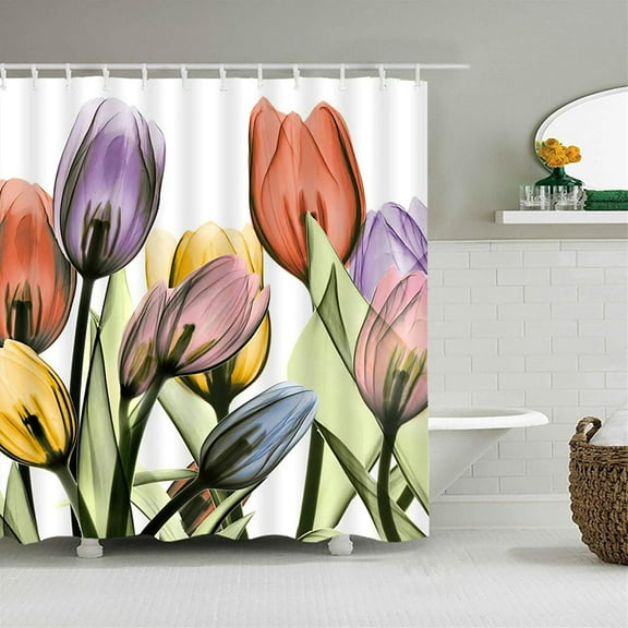 Vintage Style Flower Tulip Shower Curtains Printing Art Pattern Landscape Bath Curtain Bathroom Waterproof Scenery Decor 71x86in/180x218cm(WxH)