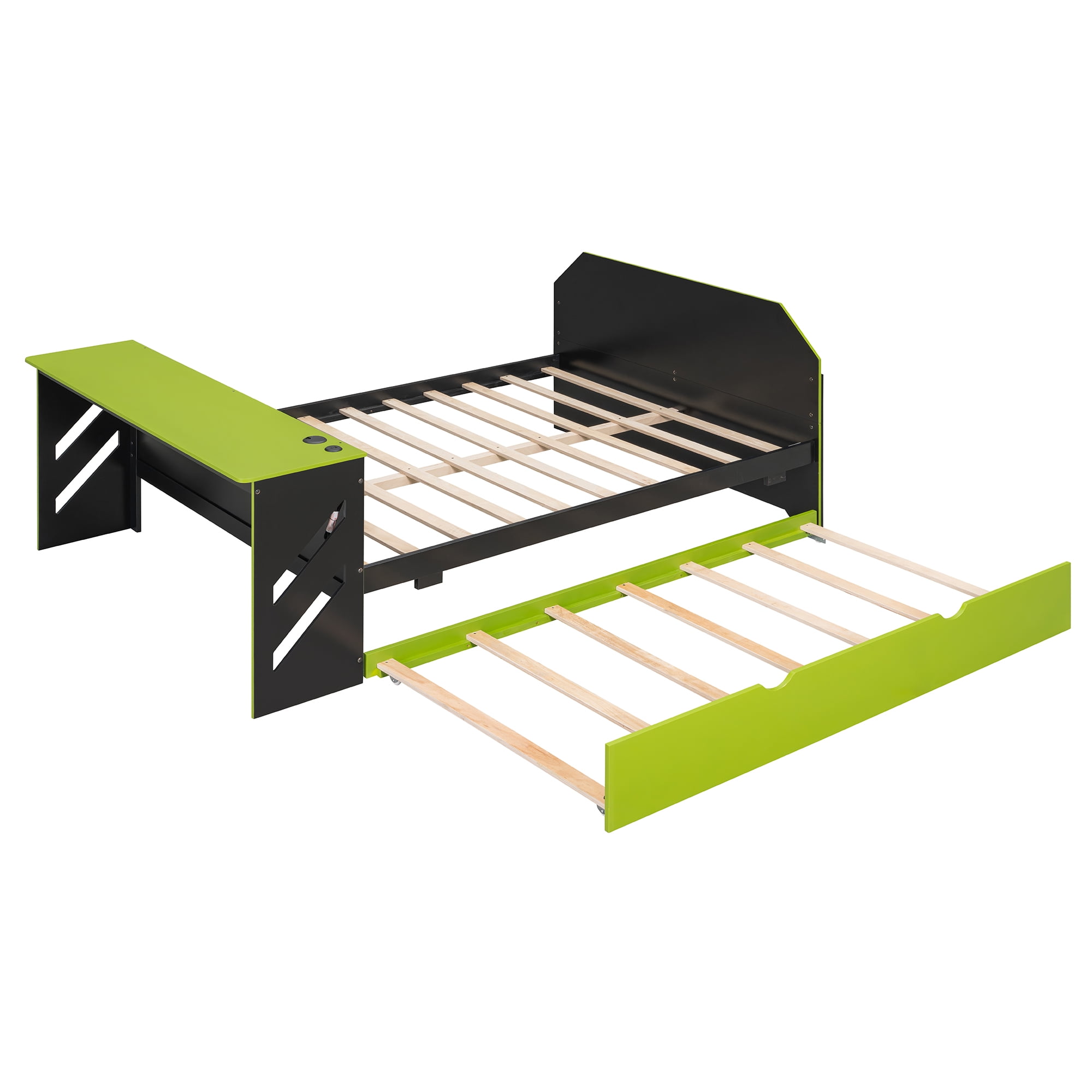 Mintazer Full Size Gaming Daybed with Pull-Out Twin Size Trundle & Desk, Platform Bed Frame with USB for Bedroom Dorm, Black & Green