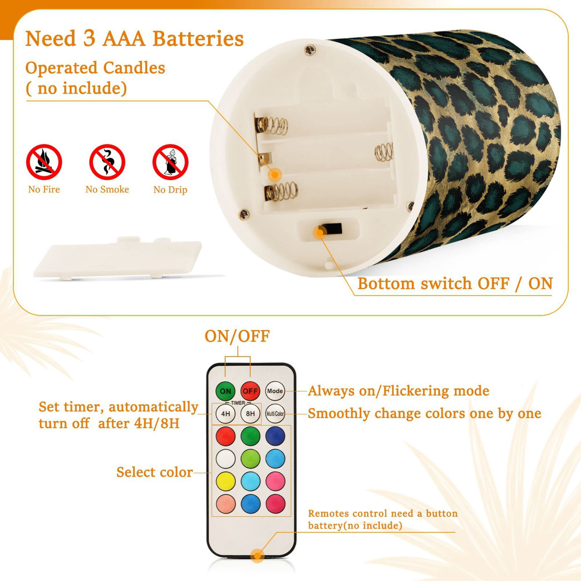 Yayeee Flameless Candles with Remote Flickering Battery Operated Multi Color Changing, Green Leopard Print