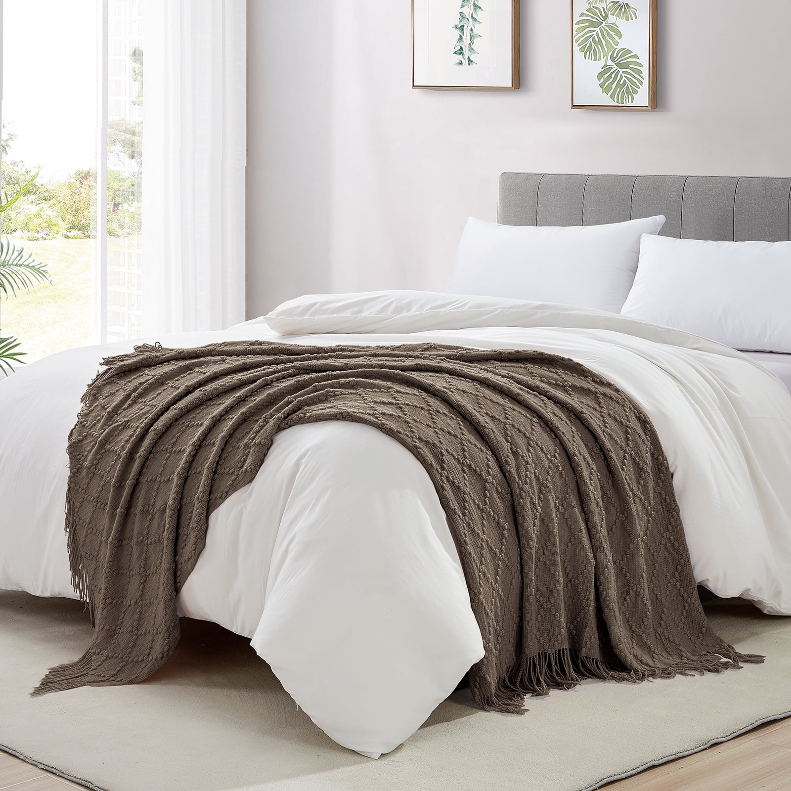 Bourina Throw Blanket Textured Solid Soft Throws and Blankets for Sofa or Bed Knitted Decorative Blanket 50 x70 Inches Jacquard Rhombu Brown for Adults