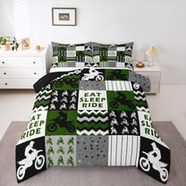 Homewish Motercycle Sports Player Bedding Comforter Set, Eat Sleep Ride Twin Comforter Sets, Green Patchwork Print Reversible Bedding Set, Luxury Bedroom Decor, 2 Pieces